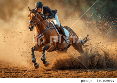 Bay horse with a rider galloping quickly, kicking up a large cloud of brown dust. Intense equestrian sport action on a sunny outdoor track. 130406653