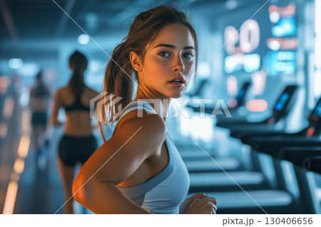 Determined young woman running on treadmill in modern gym. She looks back with focus, her sweat highlighting an active healthy lifestyle. 130406656