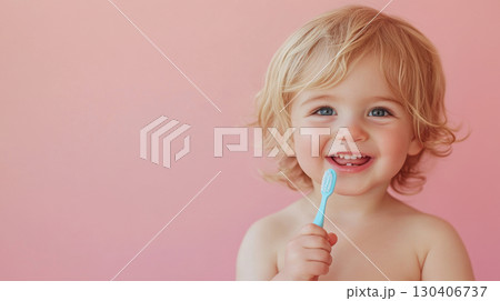 Adorable Toddler Brushing Teeth with a Bright Smile 130406737