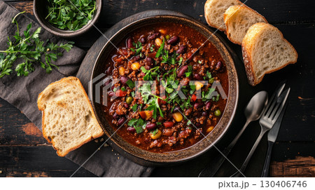 Hearty Chili Bowl with Fresh Parsley and Rustic Bread 130406746