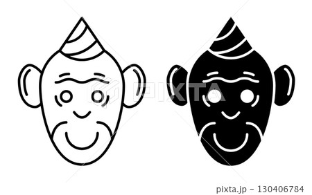 Line icon. Face of a funny circus monkey dressed in a conical cap. Simple black and white vector isolated on white background 130406784
