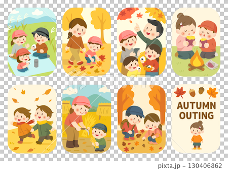 秋のお出かけファミリーイラストセット、Autumn Family Outing  130406862