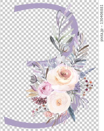 Number 3 with Watercolor pastel tender flowers and leaves, isolated illustration, Baby shower element Number 3 with Watercolor pastel tender flowers and leaves, isolated illustration, Baby shower element 130406881