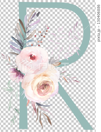 Letter R with Watercolor pastel tender flowers and leaves, isolated illustration, Baby shower element 130406886