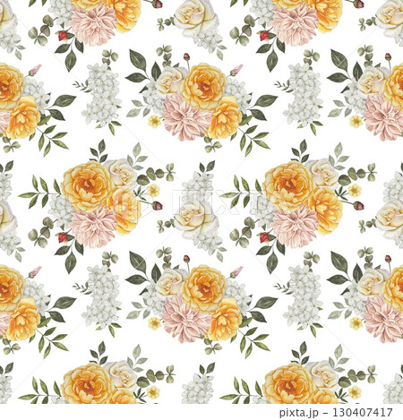 Floral seamless pattern with autumn flowers. Yellow, white roses, dahlia, leaves. Hand drawn watercolor illustration 130407417