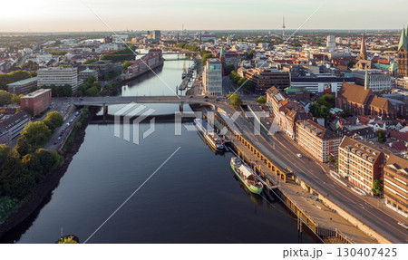 Bremen, Germany. Aerial View on Historical Center of Bremen, Marktplatz at Sunrise. 130407425
