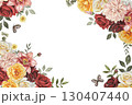 Border with autumn flowers. Red, white, yellow roses, lily, dahlia, leaves. Hand drawn watercolor illustration. 130407440