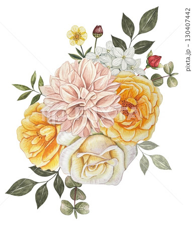 Bouquet with autumn flowers. Yellow roses, clementis, dahlia. Hand drawn watercolor illustration. Bouquet with autumn flowers. Yellow roses, clementis, dahlia. Hand drawn watercolor illustration. 130407442