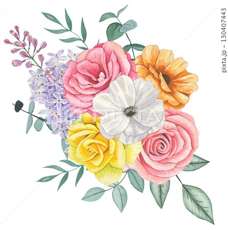 Spring floral bouquet. Floral arrangement with roses, lilacs, poppies, anemone. Watercolor Spring floral bouquet. Floral arrangement with roses, lilacs, poppies, anemone. Watercolor 130407443