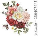 Bouquet with autumn flowers. Red, burgundy, white roses, lily, dahlia, leaves. Hand drawn watercolor illustration. 130407445