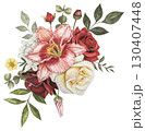 Bouquet with autumn flowers. Red, white roses, lily, leaves. Hand drawn watercolor illustration. 130407448