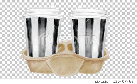 Coffee cups holder watercolor illustration. Hand drawn two glasses of hot cappuccino on a coaster. Food clip art. Ideal for bakery prints, postcards and pastry shop posters. Coffee cups holder watercolor illustration. Hand drawn two glasses of hot cappuccino on a coaster. Food clip art. Ideal for bakery prints, postcards and pastry shop posters. 130407465