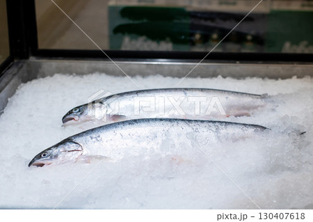 A Beautiful Display of Fresh Salmon on Ice in a Seafood Market 130407618