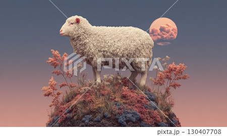 Surreal scene of a sheep on colorful foliage with pink moon at sunset 130407708