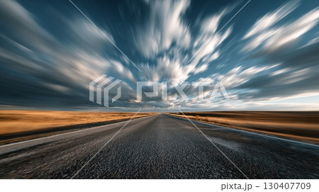 Dramatic long highway with blurred clouds in a desert landscape, motion effect 130407709