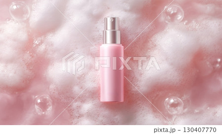 Pink spray bottle on a bubbly foam background, evoking freshness and cleanliness 130407770
