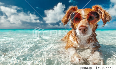 Dog in sunglasses relaxing in clear ocean water under a bright blue sky Dog in sunglasses relaxing in clear ocean water under a bright blue sky 130407771