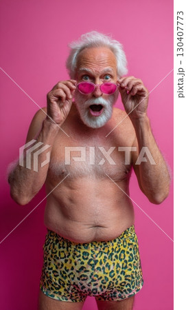Surprised elderly man with pink glasses in leopard shorts on pink background Surprised elderly man with pink glasses in leopard shorts on pink background 130407773