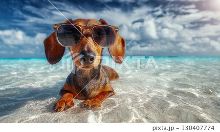 Dachshund with sunglasses relaxing in clear ocean water under a sunny sky 130407774