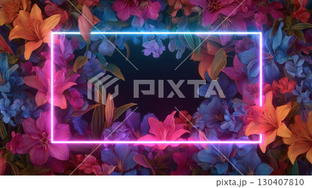 Neon frame surrounded by vibrant tropical flowers with dark background 130407810
