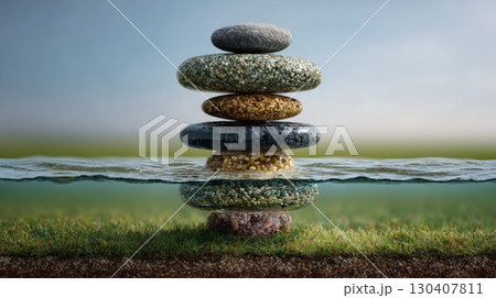 Balanced stack of multicolored stones on water reflecting tranquility 130407811