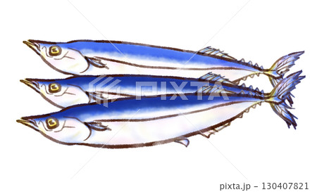 三匹並んだサンマのイラスト（墨ペン水彩風） 130407821