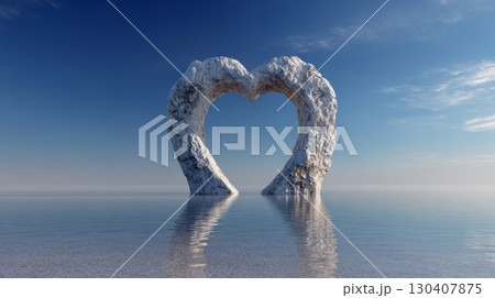 Heart-shaped rock formation over calm sea under clear blue sky, serene beauty 130407875