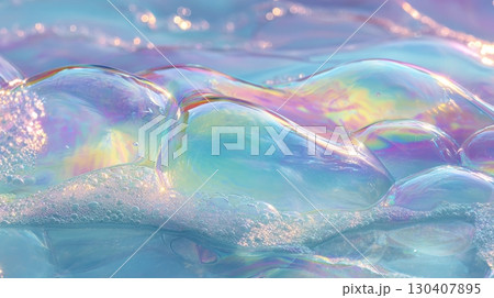 Iridescent soap bubbles with pastel colors and soft reflections, abstract background 130407895