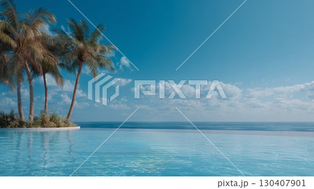Infinity pool with palm trees overlooking blue ocean under clear sky 130407901