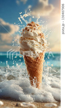 Ice cream cone with ocean splash on a beach, surreal summer concept 130407906