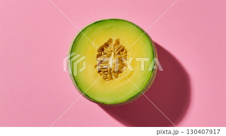 Half melon on a pink background casting a shadow, ripe and colorful fruit 130407917