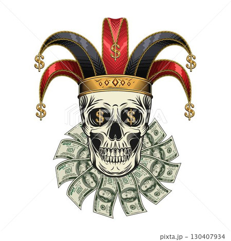 Joker, jester skull in harlequin hat with golden dollar signs. Under skull is frill, jabot made with 100 US dollar bills. Concept of luck, win jackpot. 130407934