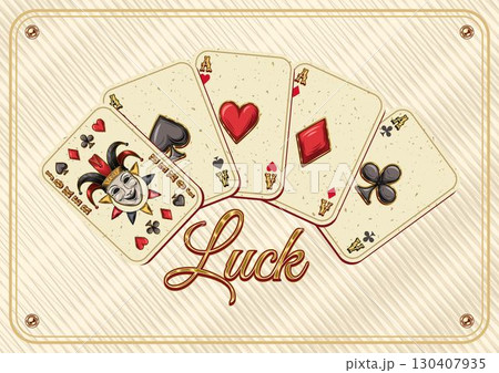 Horizontal A4 poster with four ace cards, joker card, text on white textured background. Fan shaped composition. Concept of luck, win jackpot. Gambling, casino theme. Vintage style 130407935