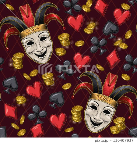 Seamless red pattern with Joker, theatrical comedy mask in jester hat. scattered card suits icons, golden coins. Concept of luck, win jackpot. Gambling, casino theme 130407937