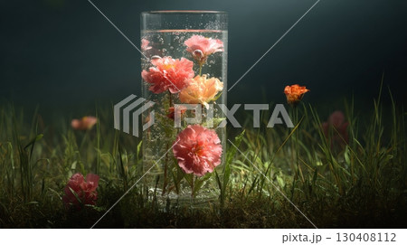 Vibrant flowers submerged in glass vase on dewy grass in mystical lighting Vibrant flowers submerged in glass vase on dewy grass in mystical lighting 130408112
