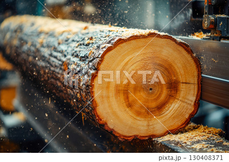 Large timber log being cut by an industrial saw. Sawdust flies from the active blade. Fresh wood processing in a busy modern sawmill. 130408371