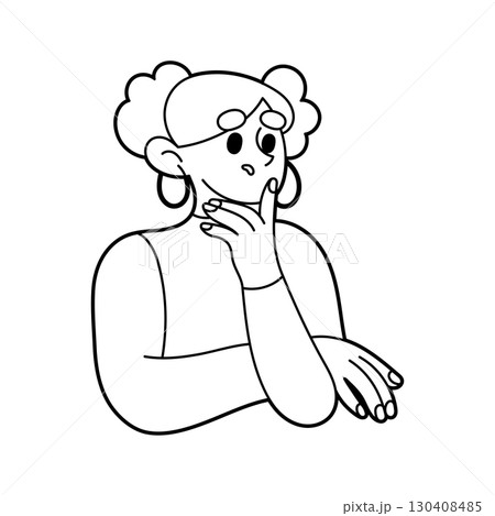 Modern flat illustration of a fashionable stylish girl who thinks, reflects, doubts, evaluates, listens attentively. Illustration for web design and advertising. Modern flat illustration of a fashionable stylish girl who thinks, reflects, doubts, evaluates, listens attentively. Illustration for web design and advertising. 130408485