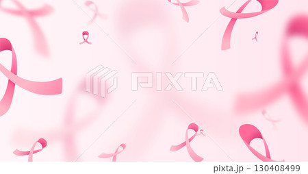 Breast cancer awareness month vector banner background. Blur and focus pink ribbons on light backdrop 130408499