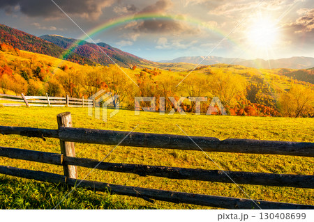mountainous rural landscape in autumn at sunset. field behind the wooden fence in evening light. scenery in fall season. forest on the hill. ridge in the distance 130408699