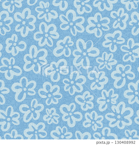 Cozy seamless vector design with cottagecore inspired hand painted blue flowers on textured linen style surface, perfect for bedding, towels and summer table textiles 130408992