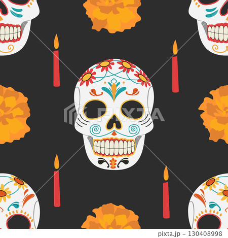 Dia de Muertos Seamless Pattern. Skull in Mexican Design with Marigold flower, Candles on black background.  130408998
