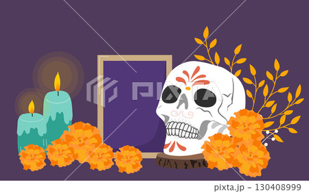 altar of dia de los muertos with marigolds. Halloween Party Flyer or Poster Template.  130408999
