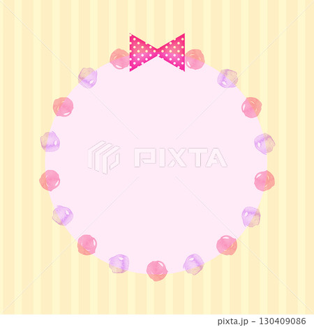 カラフルな水彩風のリボンと丸の円形フレームセット・パステル 130409086