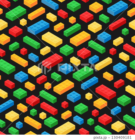Seamless pattern of colorful isometric illustration of scattered plastic toy building blocks in red, green, blue, orange, and yellow in various sizes and shapes, on a black background. Seamless pattern of colorful isometric illustration of scattered plastic toy building blocks in red, green, blue, orange, and yellow in various sizes and shapes, on a black background. 130409181