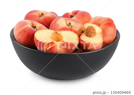chinese flat donut peaches in ceramic bowl isolated on white background chinese flat donut peaches in ceramic bowl isolated on white background 130409469