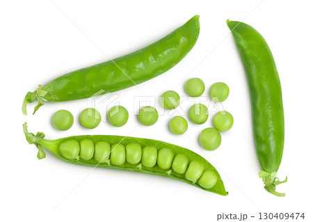Fresh green pea pod with beans isolated on white background. Top view. Flat lay Fresh green pea pod with beans isolated on white background. Top view. Flat lay 130409474