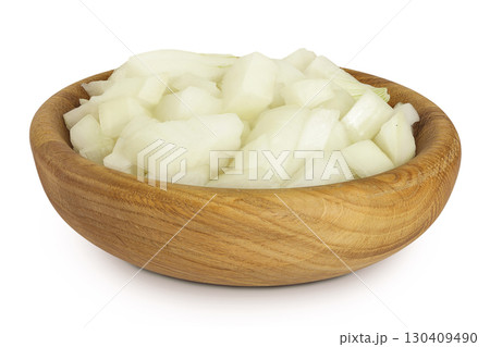 Onion slices in a wooden bowl isolated on a white background Onion slices in a wooden bowl isolated on a white background 130409490