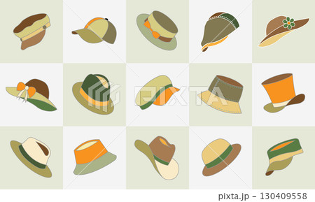 Seamless pattern of various types of hats such as bucket hats, baseball caps, sun hats with bows and flowers, fedoras, wide-brimmed sun hats, and visors, in various earth colors tones 130409558