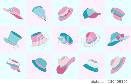 Seamless pattern of various types of hats such as bucket hats, baseball caps, sun hats with bows and flowers, fedoras, wide-brimmed sun hats, and visors, in mix of blue and pink colors shades. 130409593