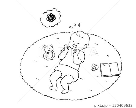 マットの上でぐずる、泣く、子供、赤ちゃん、ラトル、おもちゃ、絵本、おしゃぶり、線画 130409632